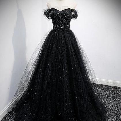 Black Tulle Sequin Long Prom Dress Tulle Formal..