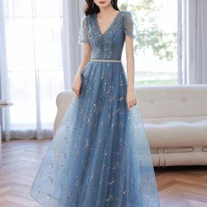 Blue V Neck Tulle Tea Length Prom Dress Sequin..