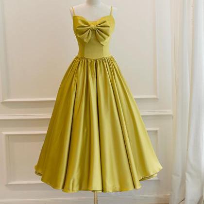 Yellow Satin Short Prom Dress Formal Bridesmaid..