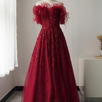 Burgundy Tulle Sequin Long Prom Dress Formal..
