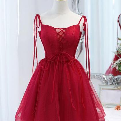 Burgundy Tulle Lace Short Prom Dress Formal..