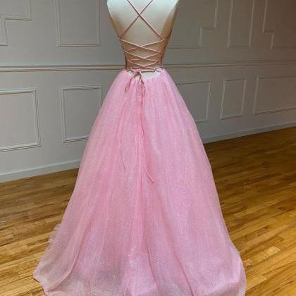 Pink V Neck Tulle Long Prom Dress Evening Dress..