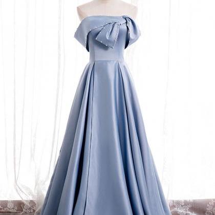 Blue Satin Of Shoulder Long Prom Dress Formal..
