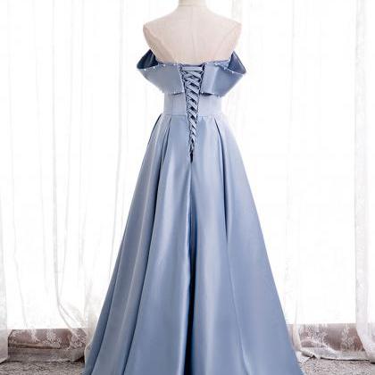 Blue Satin Of Shoulder Long Prom Dress Formal..