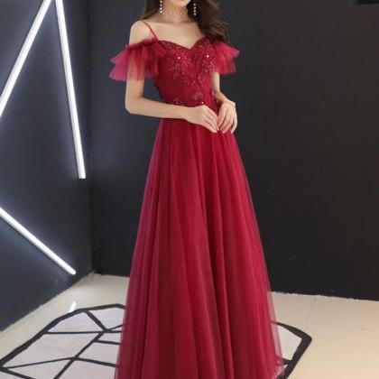 Simple Burgundy Tulle Lace Long Prom Dress Lace..