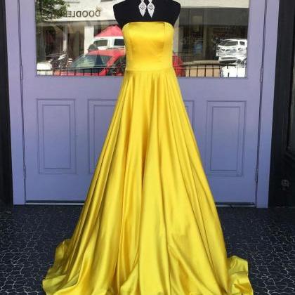 Yellow Satin Long Prom Dress Formal Dress Evening..