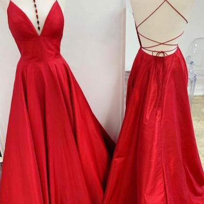Simple V Neck Red Backless Long Prom Dress Red..