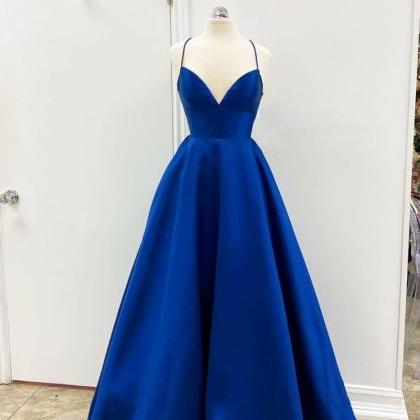 Simple Blue Satin Long Prom Dress Blue Evening..