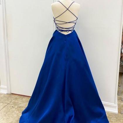 Simple Blue Satin Long Prom Dress Blue Evening..