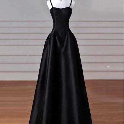 A-line Sweetheart Neck Satin Black Long Prom Dress..