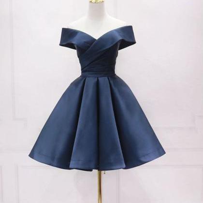 Blue Off Shoulder Satin Short Prom Dress Blue..
