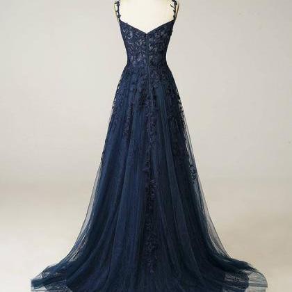 A-line Sweetheart Neck Tulle Lace Dark Blue Long..