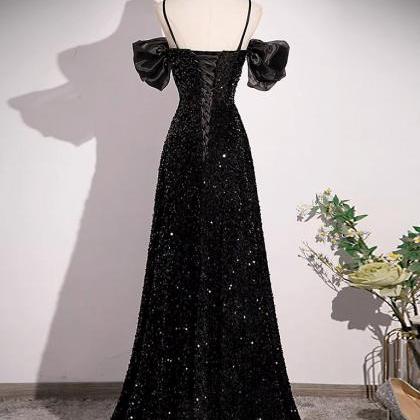 A-line Off Shoulder Velvet Sequin Long Black Prom..
