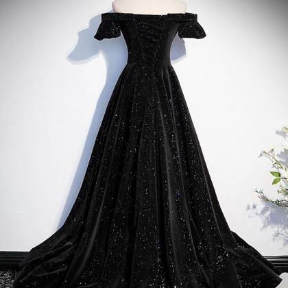 A-line Off Shoulder Velvet Black Long Prom Dress..