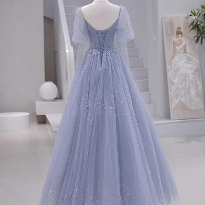 A-line Long Sleeves Beading Blue Long Prom Dress..