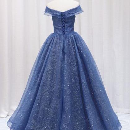 A-line Dark Blue Tulle Long Prom Dresses Formal..