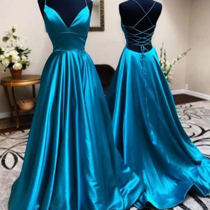 A-line Blue Satin Long Prom Dress Formal Evening..