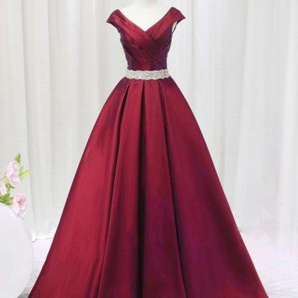 A-line Satin V Neck Burgundy Long Prom Dress..