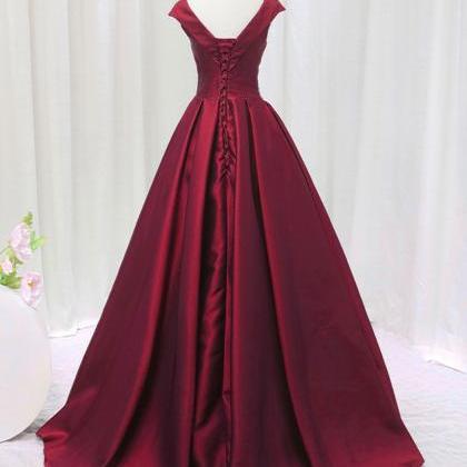 A-line Satin V Neck Burgundy Long Prom Dress..