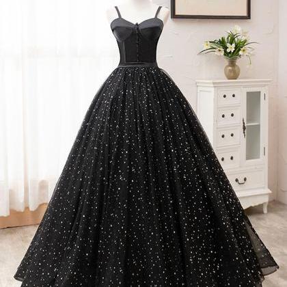 Black A-line Tulle Long Prom Dress Formal Evening..