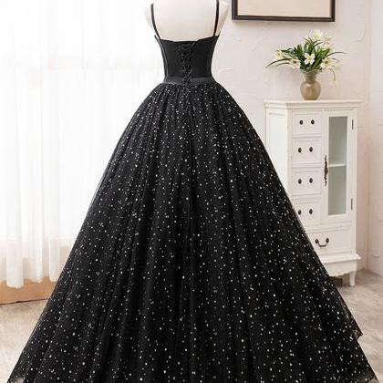 Black A-line Tulle Long Prom Dress Formal Evening..