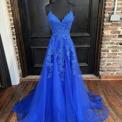 Blue V Neck Tulle Lace Long Prom Dress Tulle..
