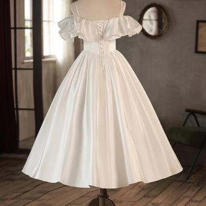 Ivory V-Neck A Line Tea Length Engagement Dress with Lace