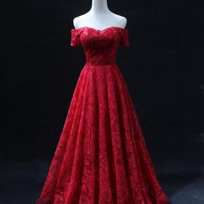 Burgundy Sweetheart Neck Tulle Lace Long Prom..