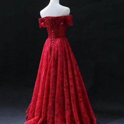 Burgundy Sweetheart Neck Tulle Lace Long Prom..
