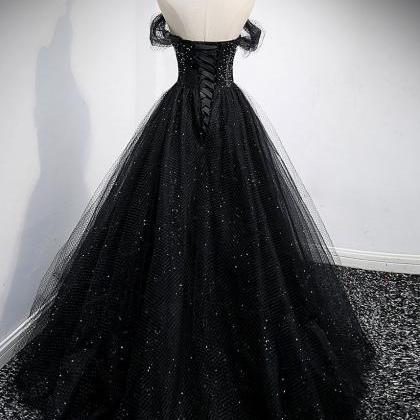 Black Tulle Sequin Long Prom Dress Tulle Formal..