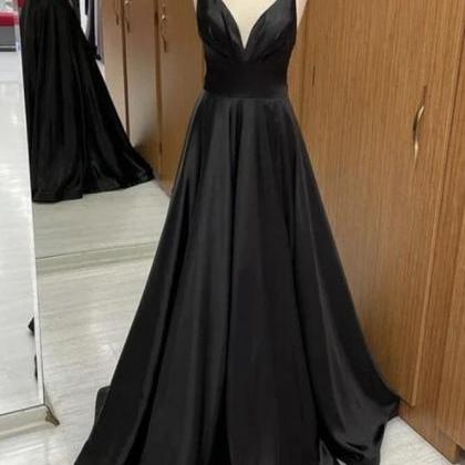 Black V Neck Prom Dress Full Length Evening Dress..
