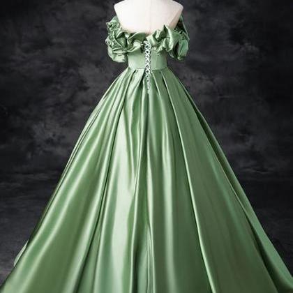 Green Satin Off Shoulder Long Party Dress Formal..