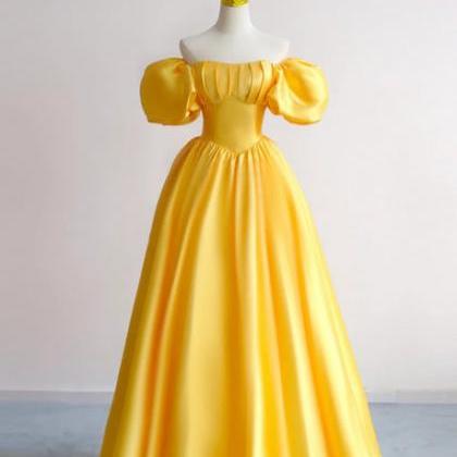 Yellow Satin Short Sleeves Party Dress Prom Dress..