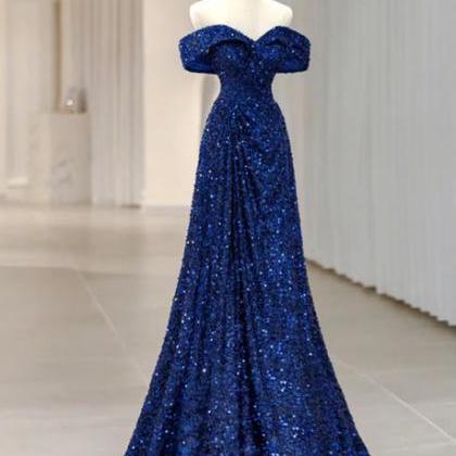 A-line Blue Sequins Off Shoulder Prom Dress Formal..