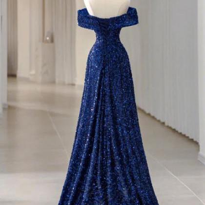A-line Blue Sequins Off Shoulder Prom Dress Formal..