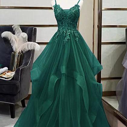 Green V-neckline Tulle With Lace Applique Prom..