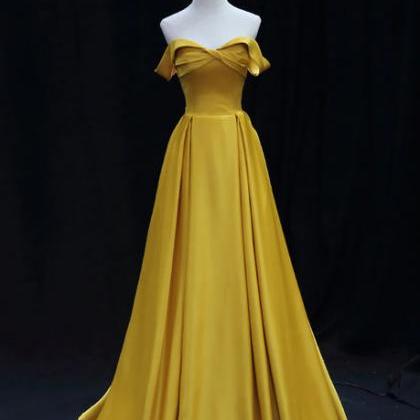 Yellow A-line Simple Satin Off Shoulder Prom..