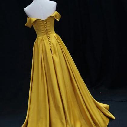 Yellow A-line Simple Satin Off Shoulder Prom..