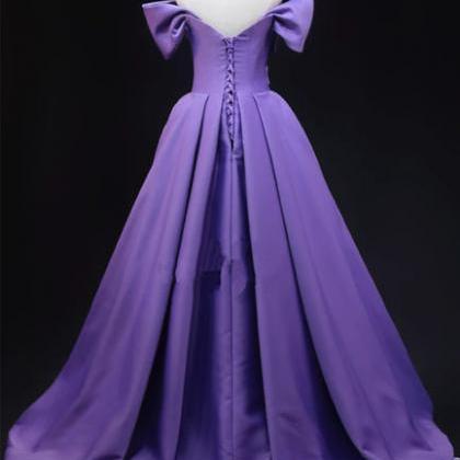 Purple Satin A-line Off Shoulder Long Party Dress..