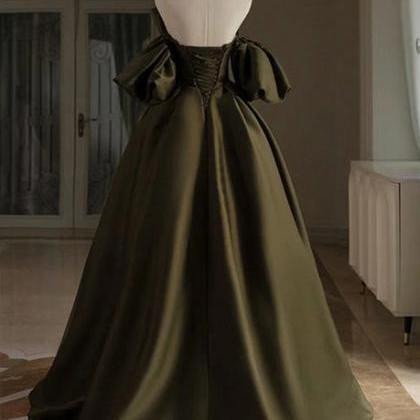 Green Satin A-line Long Prom Dress Party Dress Off..