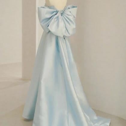 Light Blue Satin A-line Simple Long Prom Dress..