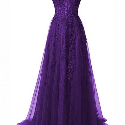 Purple Sweetheart Straps Long Tulle Party Dress..