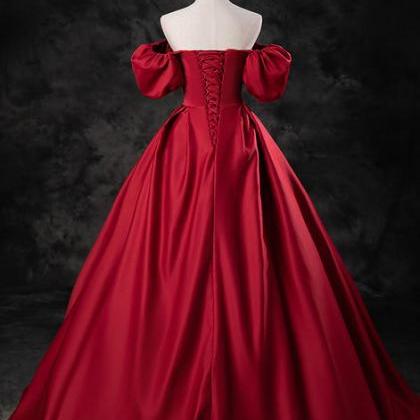 Red Satin A-line Short Sleeves Long Prom Dress..