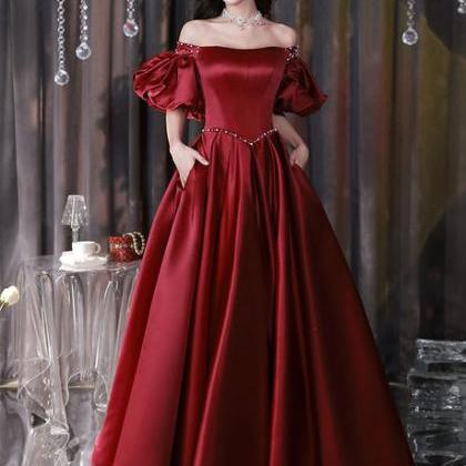 Wine Red Satin Beaded Chic Long Party Dress Puffy..