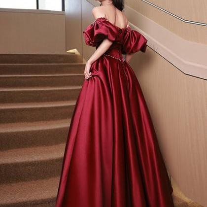 Wine Red Satin Beaded Chic Long Party Dress Puffy..