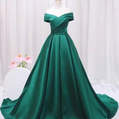 Elegant A Line Sweetheart Dark Green Satin Long Prom Dress Evening Dresses With Sleeves C3395