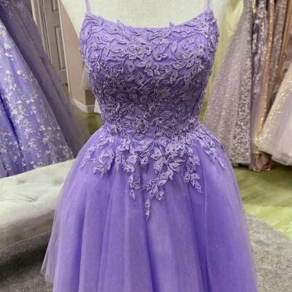 Purple Tulle With Lace Short Straps Homecoming..