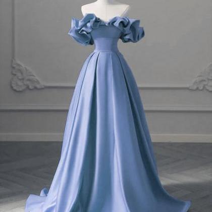 A-line Blue Satin Off Shoulder Long Evening Dress..