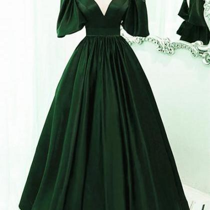 Green Satin Short Sleeves Long Party Dress Floor..
