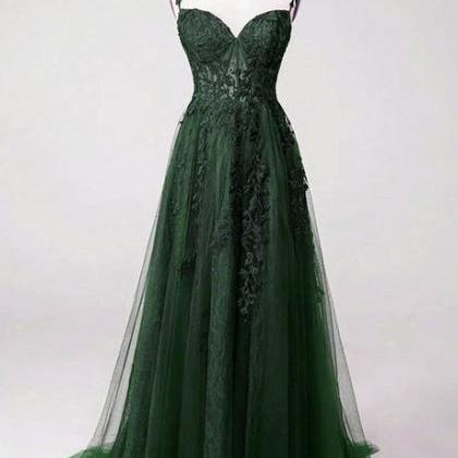 Green Straps Tulle With Lace Party Dress..